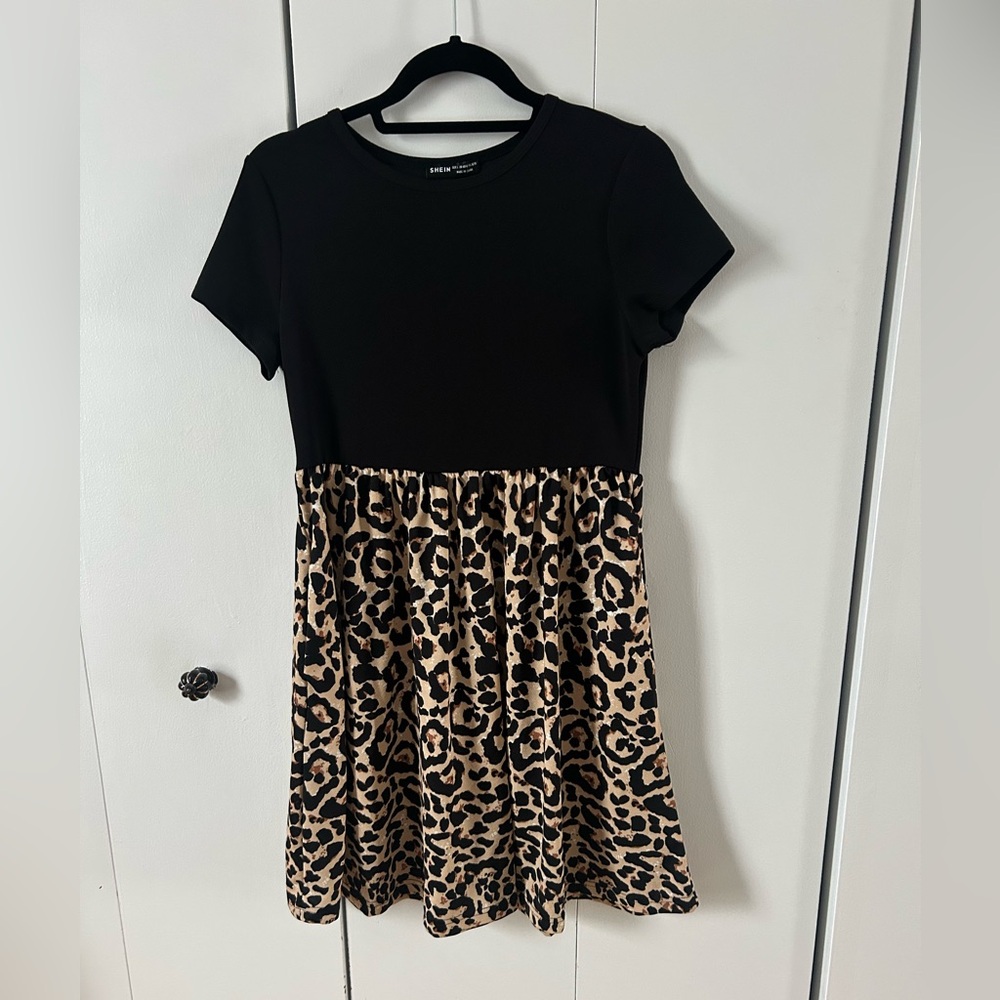 SHEIN Black and Leopard Print Mini Dress